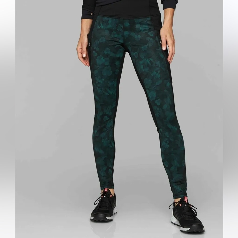 Athleta Frost High Traverse Leggings Black with Blue Flower Print Zipper